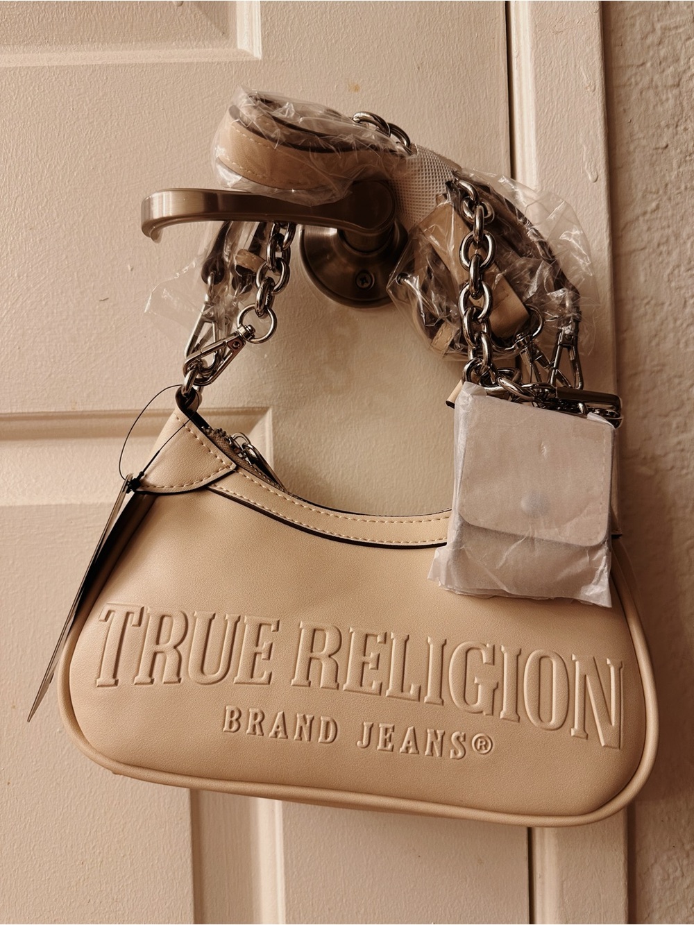True Religion Beige Cream Shoulder Bag with Chain Strap